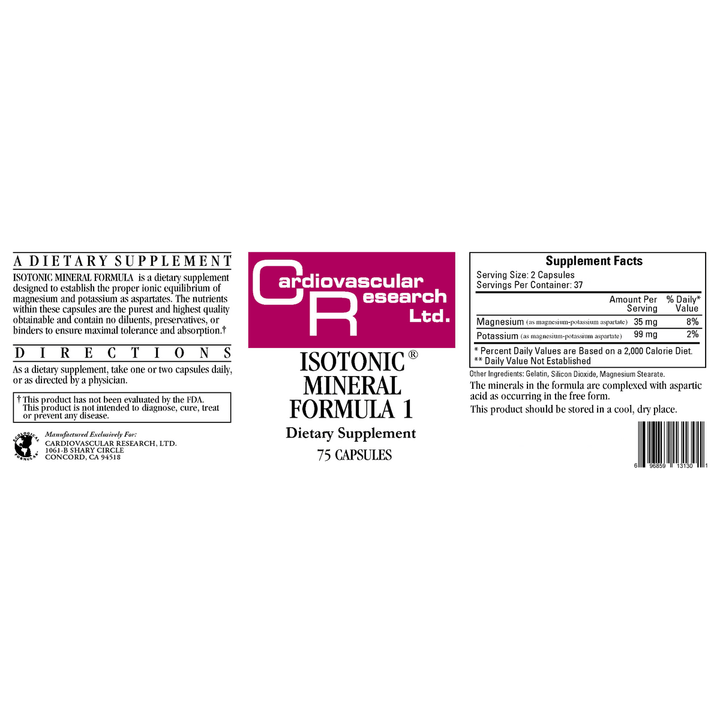 Cardiovascular Research Isotonic Mineral Formula 1 75 Capsules - Supplement Facts panel