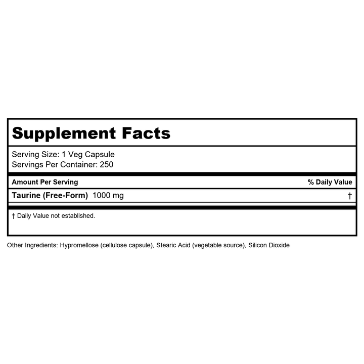 Now Foods Taurine 1,000 mg 250 Vcaps - 0143 - Supplement Facts panel