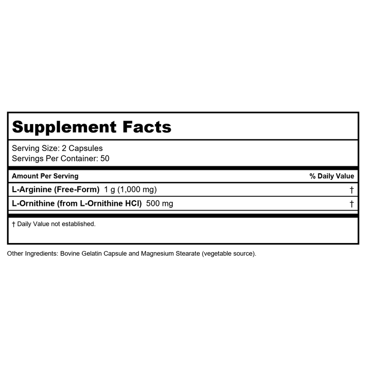 Now Sports Arginine &amp; Ornithine 500 mg / 250 mg 100 Vcaps - 0040 - Supplement Facts panel
