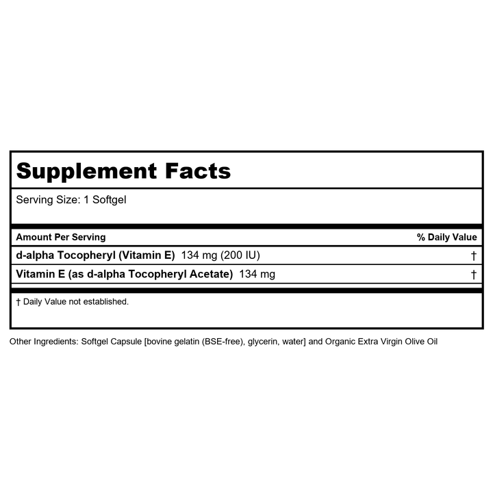 Now Foods Vitamin E-200 D-Alpha Tocopheryl 100 Softgels - 0825 - Supplement Facts panel