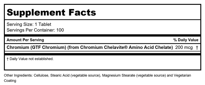 Now Foods GTF Chromium 200 mcg Yeast Free 100 Tablets - 1430 - Supplement Facts panel