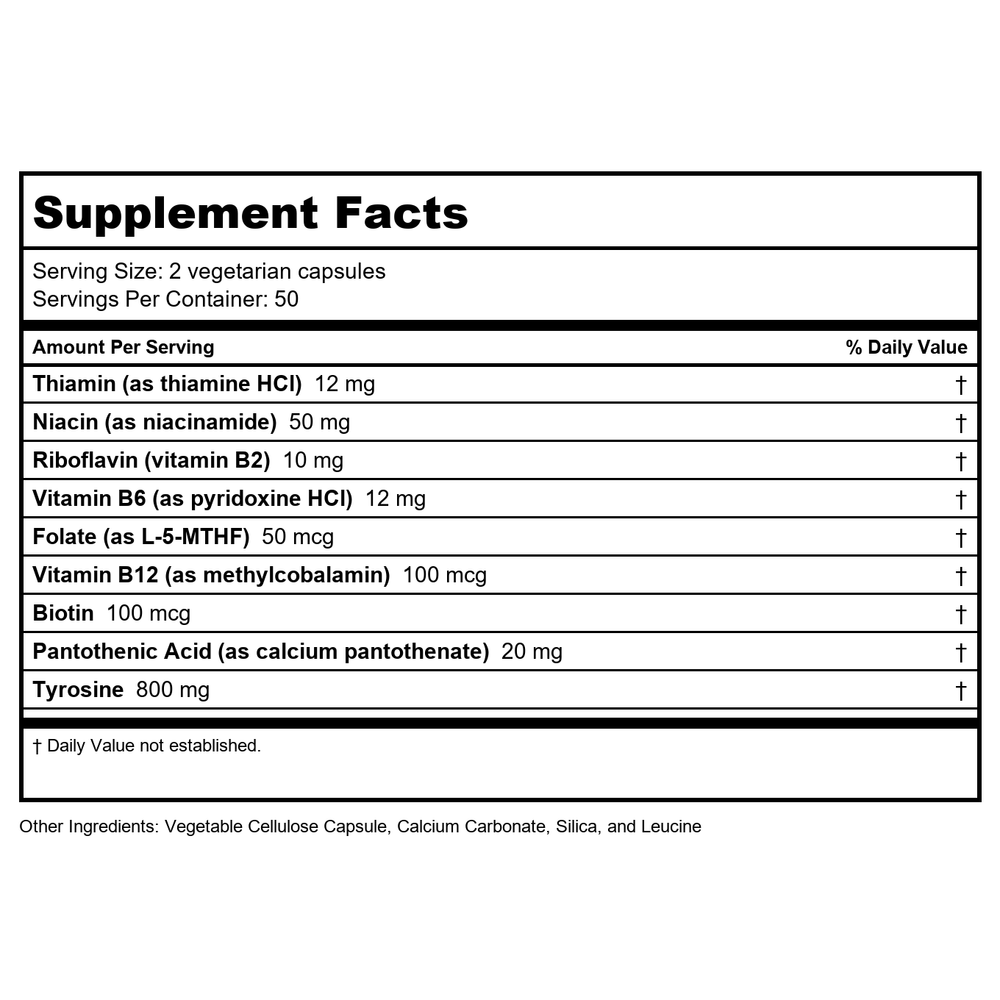 Vital Nutrients Tyrosine and B-Vitamins 100 Capsules - Supplement Facts panel