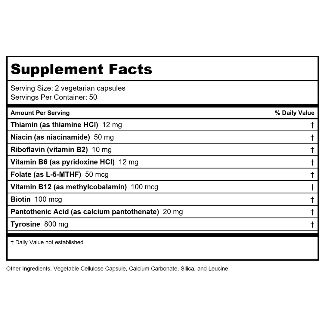 Vital Nutrients Tyrosine and B-Vitamins 100 Capsules - Supplement Facts panel