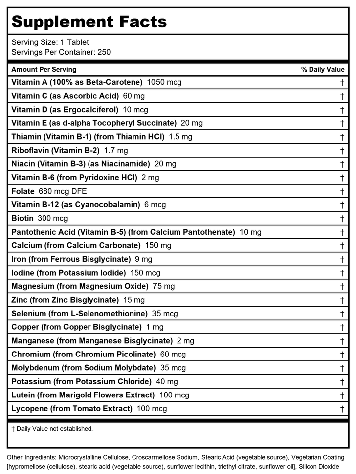 Now Foods Daily Vits 250 Tablets - 3771 - Supplement Facts panel