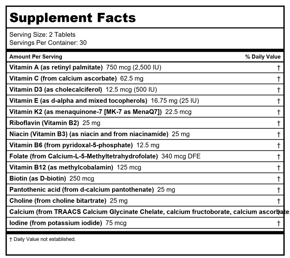 EuroMedica Essential Multivitamin 60 Tablets - B00VJ824V0 - Supplement Facts panel