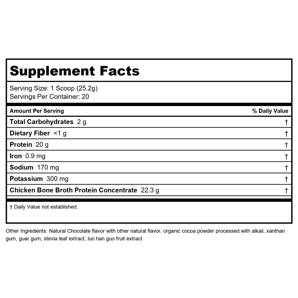 Ancient Nutrition Bone Broth Protein Chocolate 20 Servings - Supplement Facts panel