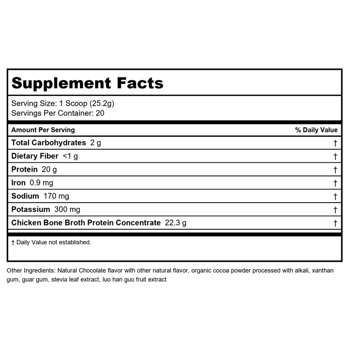 Ancient Nutrition Bone Broth Protein Chocolate 20 Servings - Supplement Facts panel