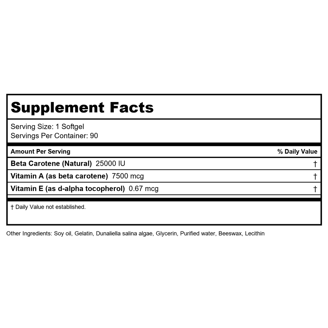 Vital Nutrients Beta Carotene Natural 25000IU 90 Softgels - Supplement Facts panel