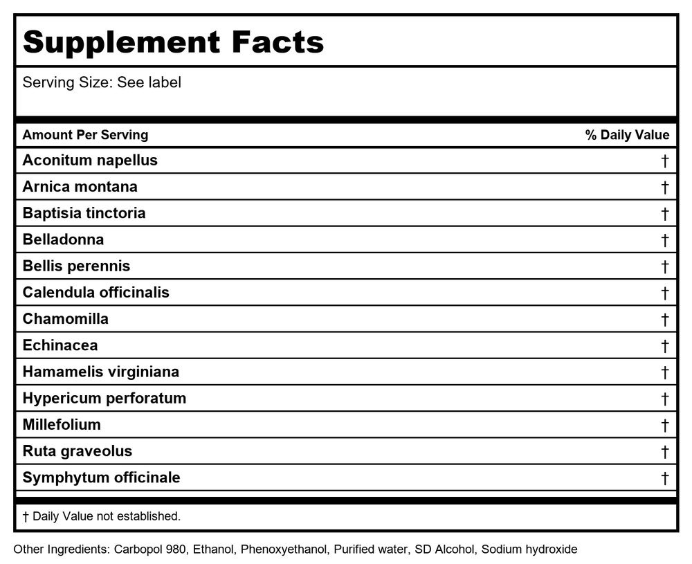 MediNatura T-Relief Arnica +12 Pain Gel 8.75 oz - 4 Pack - Supplement Facts panel