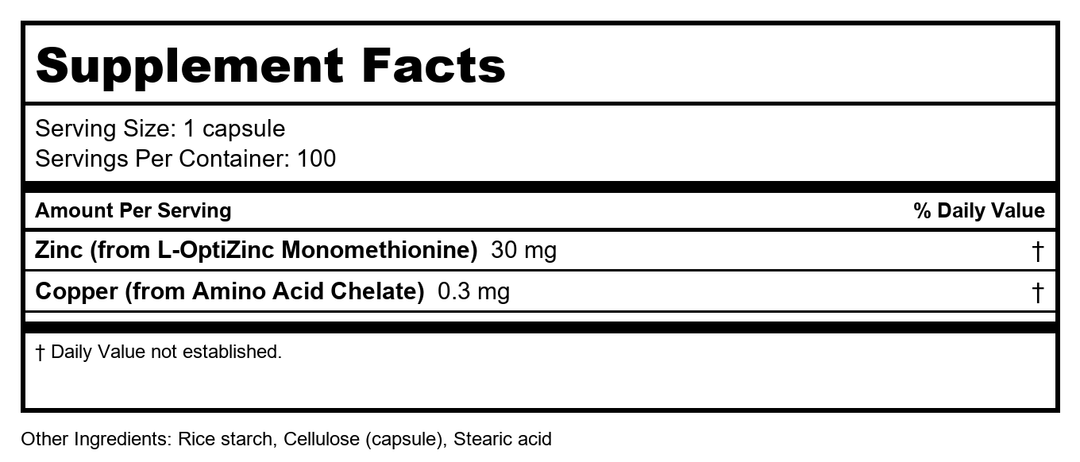 Now Foods L-OptiZinc 30mg 100 Vcaps - 1510 - 2 Pack - Supplement Facts panel