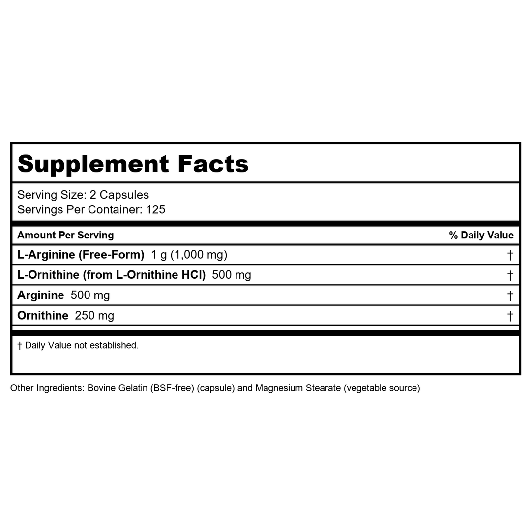 Now Sports Arginine &amp; Ornithine 500 mg / 250 mg 250 Vcaps - 0042 - Supplement Facts panel