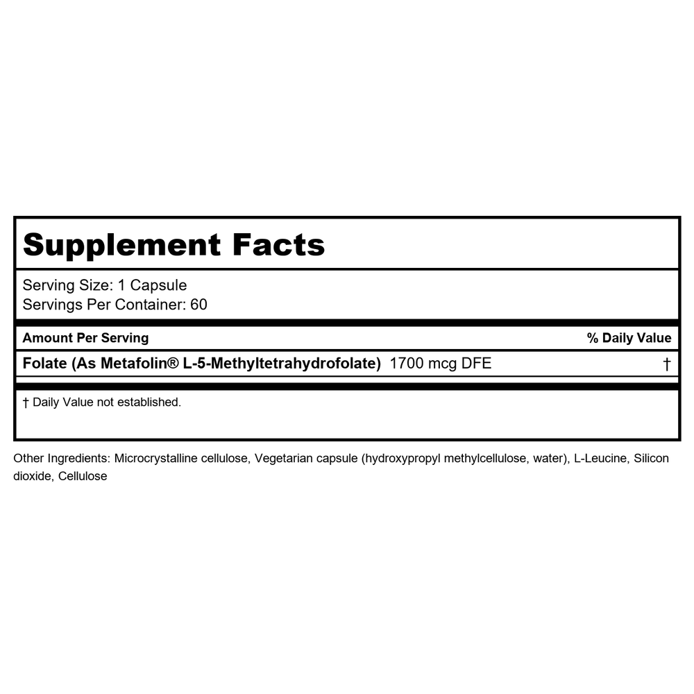 Klaire Labs L-MethylFolate 60 Capsules - Supplement Facts panel