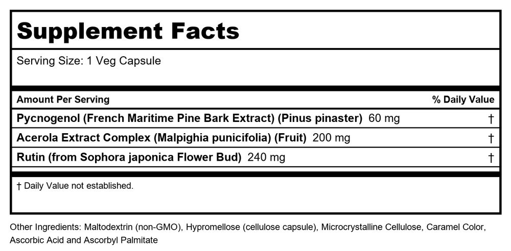 Now Foods Pycnogenol 60 mg 50 Vcaps - 3277 - Supplement Facts panel