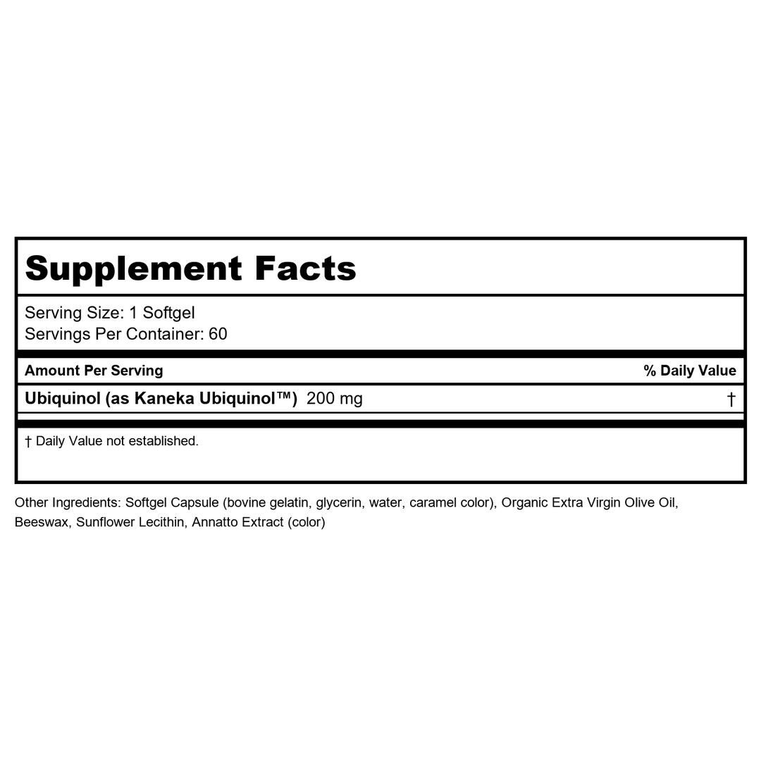 Now Foods Ubiquinol Extra Strength 200 mg 60 Softgels - 3144 - Supplement Facts panel