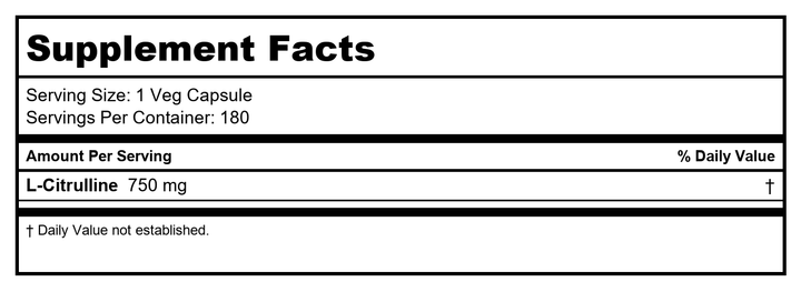 Now Foods L-Citrulline 750 mg 180 Vcaps - 0103 - Supplement Facts panel
