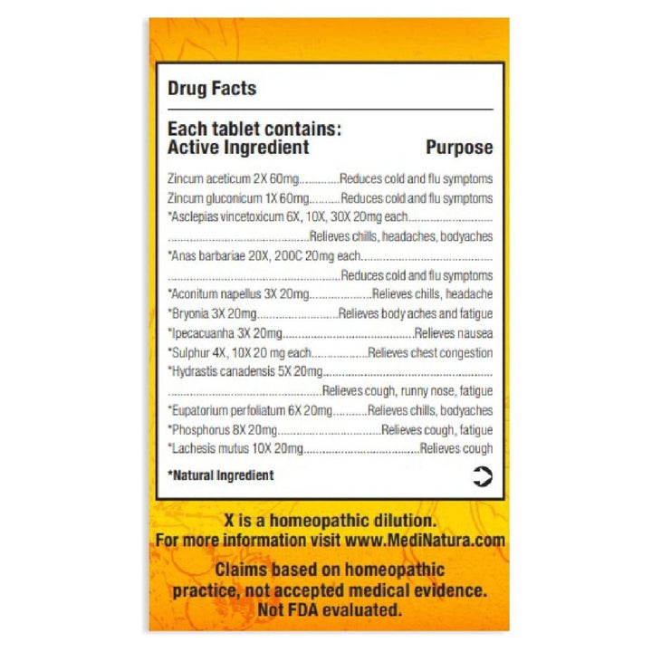 MediNatura Reboost Cold/Flu Lemon 60 Tablets - Supplement Facts panel