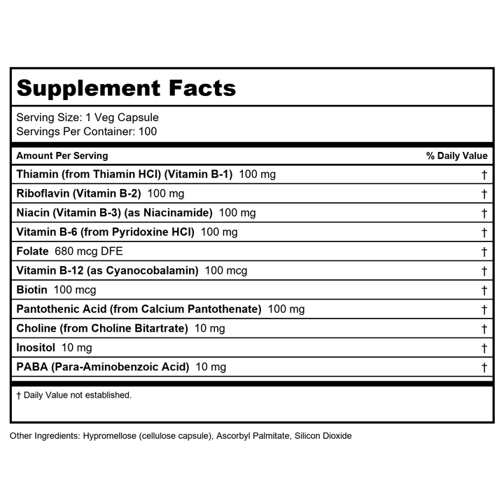 Now Foods Vitamin B-100 250 Vcaps - 0438 - Supplement Facts panel