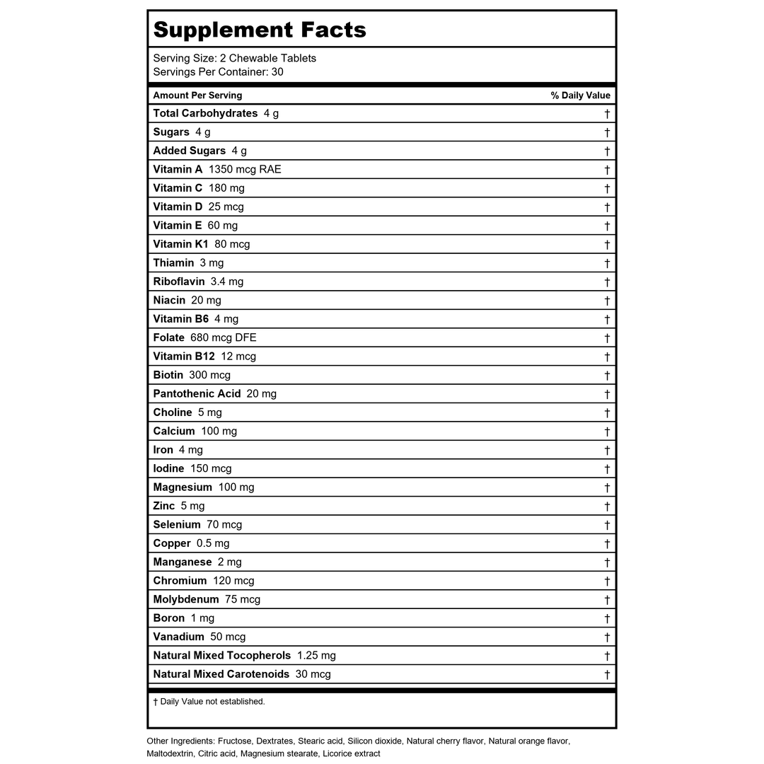 Klaire Labs Vitatab Chewable 60 Tablets - Supplement Facts panel
