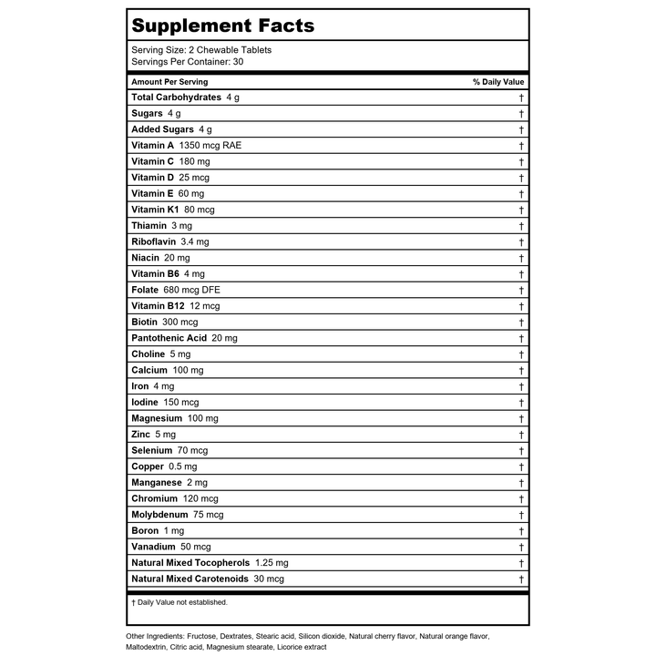 Klaire Labs Vitatab Chewable 60 Tablets - Supplement Facts panel