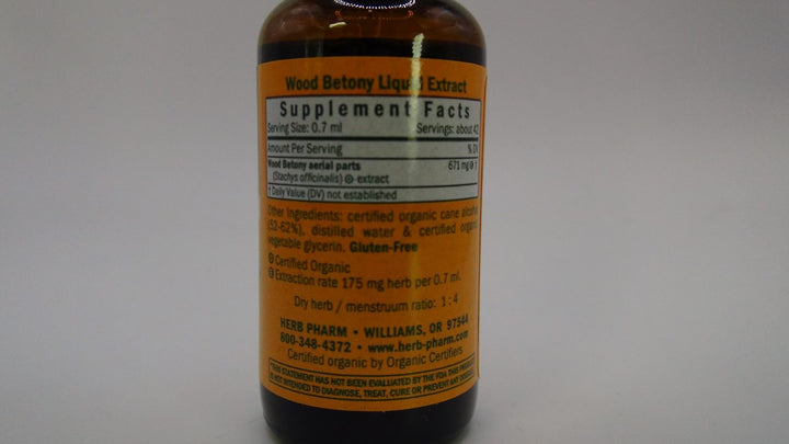 Herb Pharm Wood Betony 1oz - Supplement Facts panel