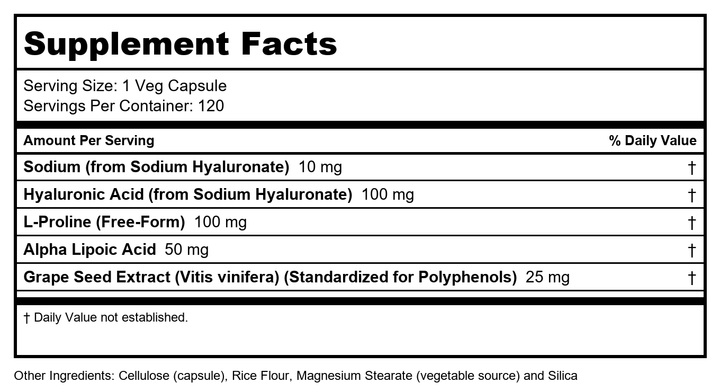 Now Foods Hyaluronic Acid Double Strength 100 mg 120 Vcaps - 3151 - Supplement Facts panel