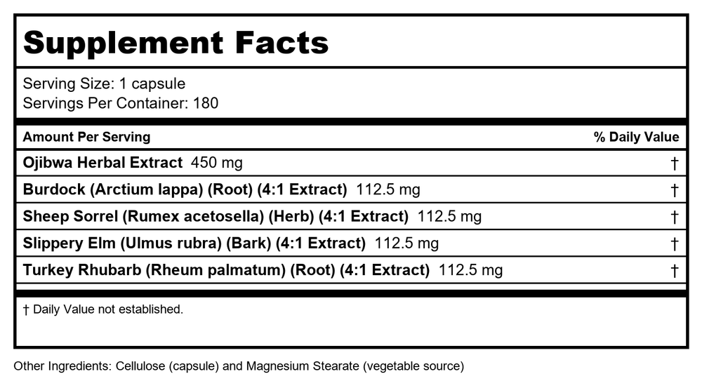 Now Foods Ojibwa Herbal Extract 450 mg 180 Vcaps - 4674 - Supplement Facts panel