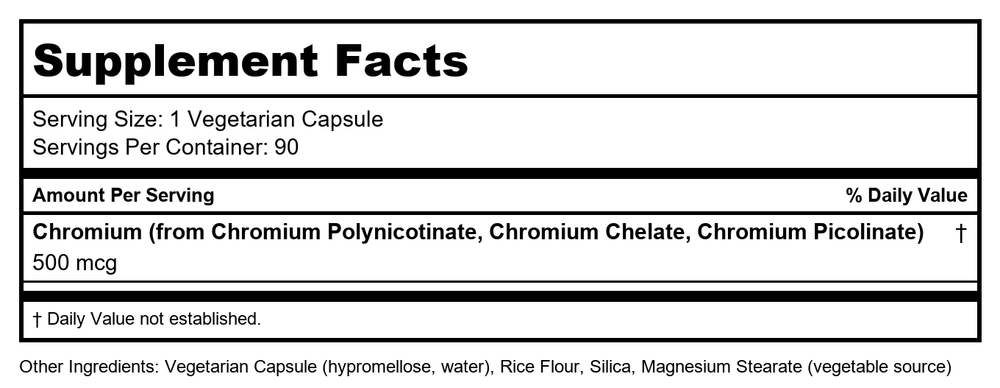 Now Foods Tri-Chromium 500 mcg With Cinnamon 90 Vcaps - 1428 - Supplement Facts panel