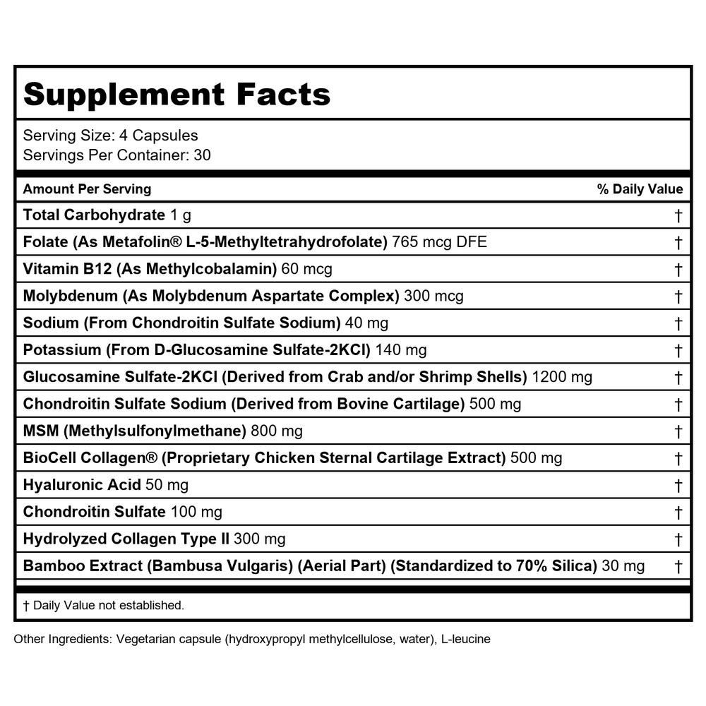 Klaire Labs Joint Support Formula 120 Vcaps - Supplement Facts panel