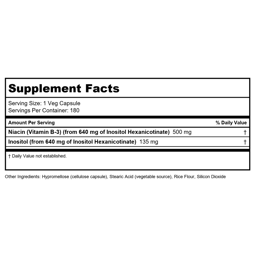 Now Foods Niacin 500 mg Double Strength Flush-Free 90 Vcaps - 0498 - 2 Pack - Supplement Facts panel