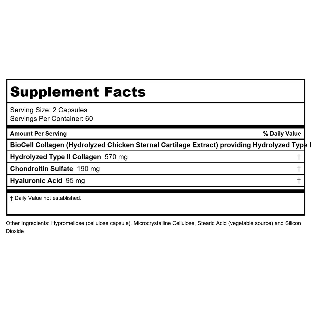 Now Foods BioCell Collagen Hydrolyzed Type II 120 Vcaps - 3008 - Supplement Facts panel
