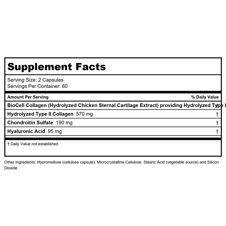 Now Foods BioCell Collagen Hydrolyzed Type II 120 Vcaps - 3008 - Supplement Facts panel