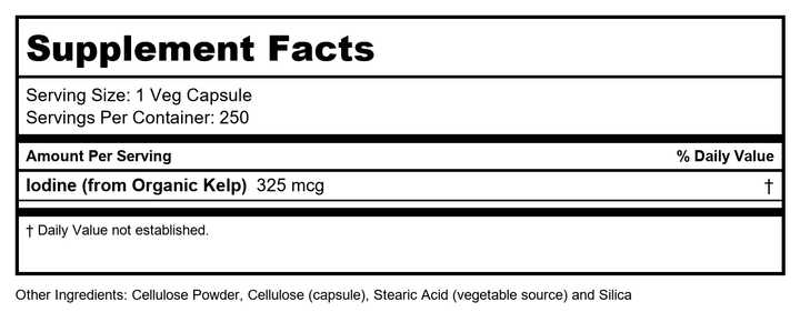 Now Foods Kelp 325 mcg 250 Vcaps - 2675 - Supplement Facts panel