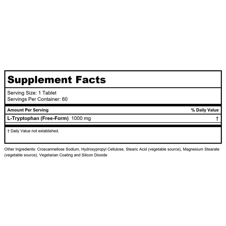 Now Foods L-Tryptophan Double Strength 1000 mg 60 Tablets - 0169 - Supplement Facts panel