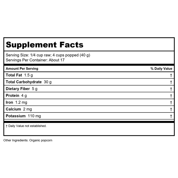 Now Real Food Popcorn Organic 24oz - 6306 - 2 Pack - Supplement Facts panel