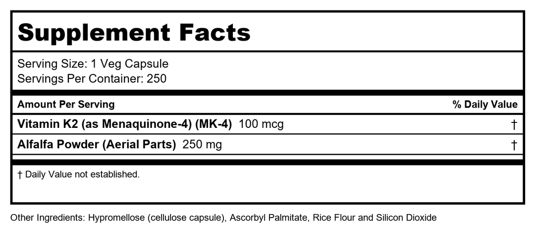 Now Foods Vitamin K-2 100 mcg 250 Vcaps - 0991 - Supplement Facts panel