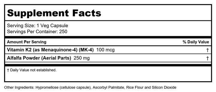 Now Foods Vitamin K-2 100 mcg 250 Vcaps - 0991 - Supplement Facts panel