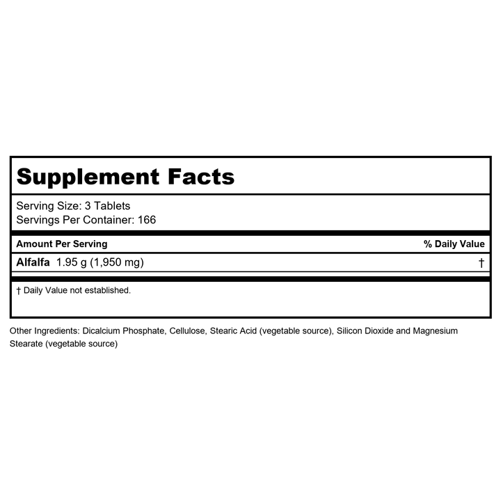 Now Foods Alfalfa 650 mg 500 Tablets - 2622 - Supplement Facts panel