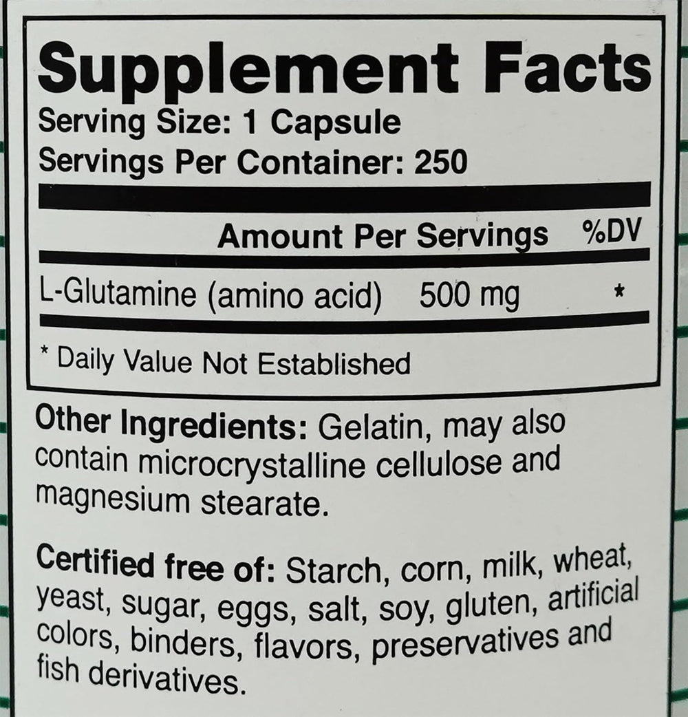 Montiff Pure L-Glutamine 500 mg 250 Capsules - Supplement Facts panel