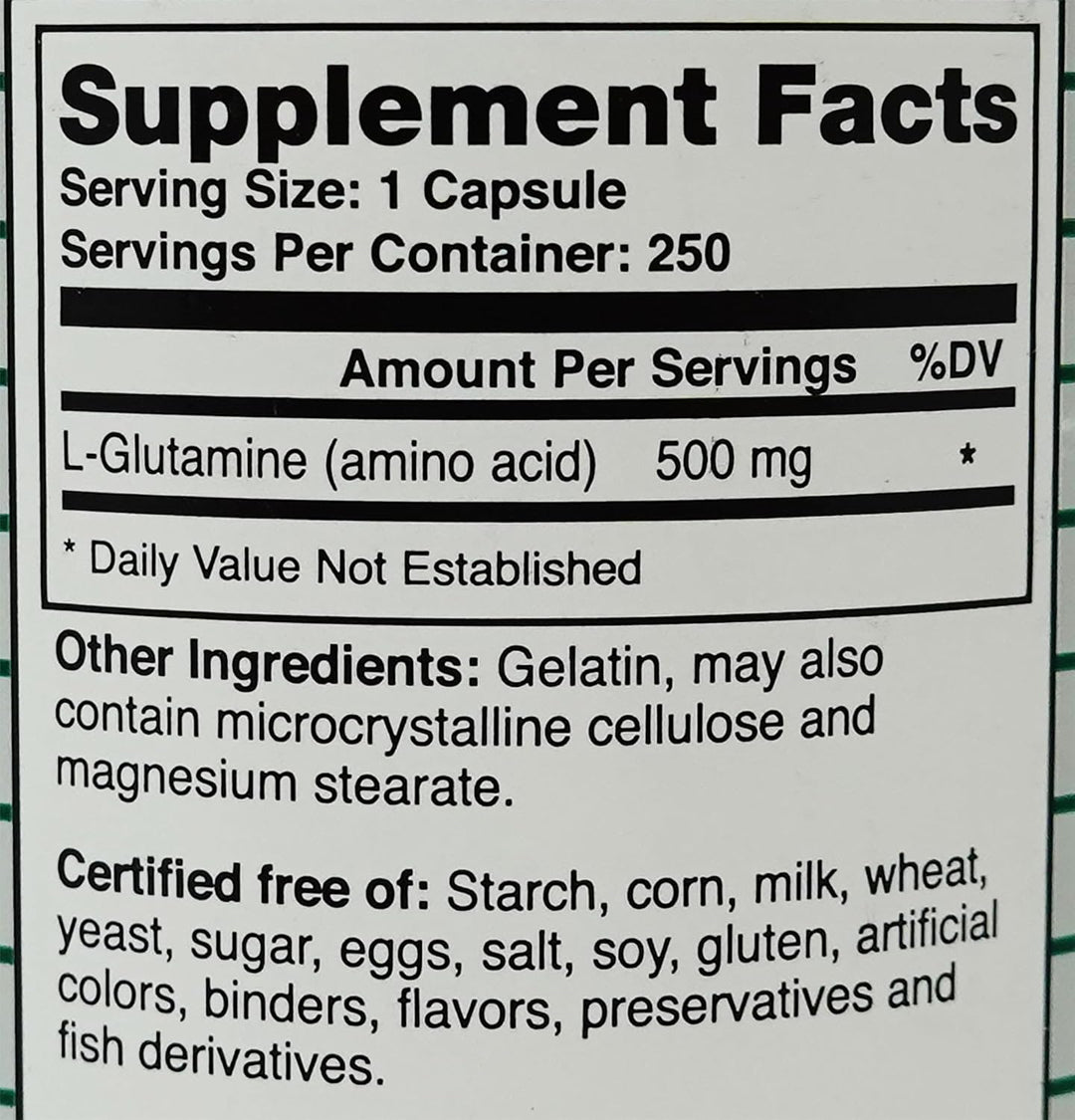 Montiff Pure L-Glutamine 500 mg 250 Capsules - Supplement Facts panel