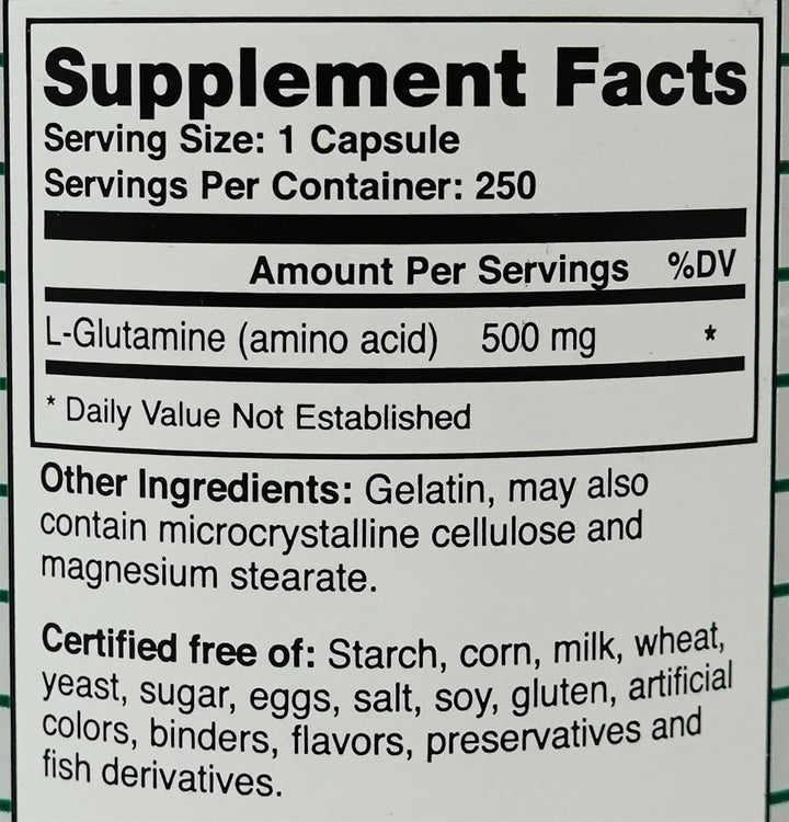 Montiff Pure L-Glutamine 500 mg 250 Capsules - Supplement Facts panel