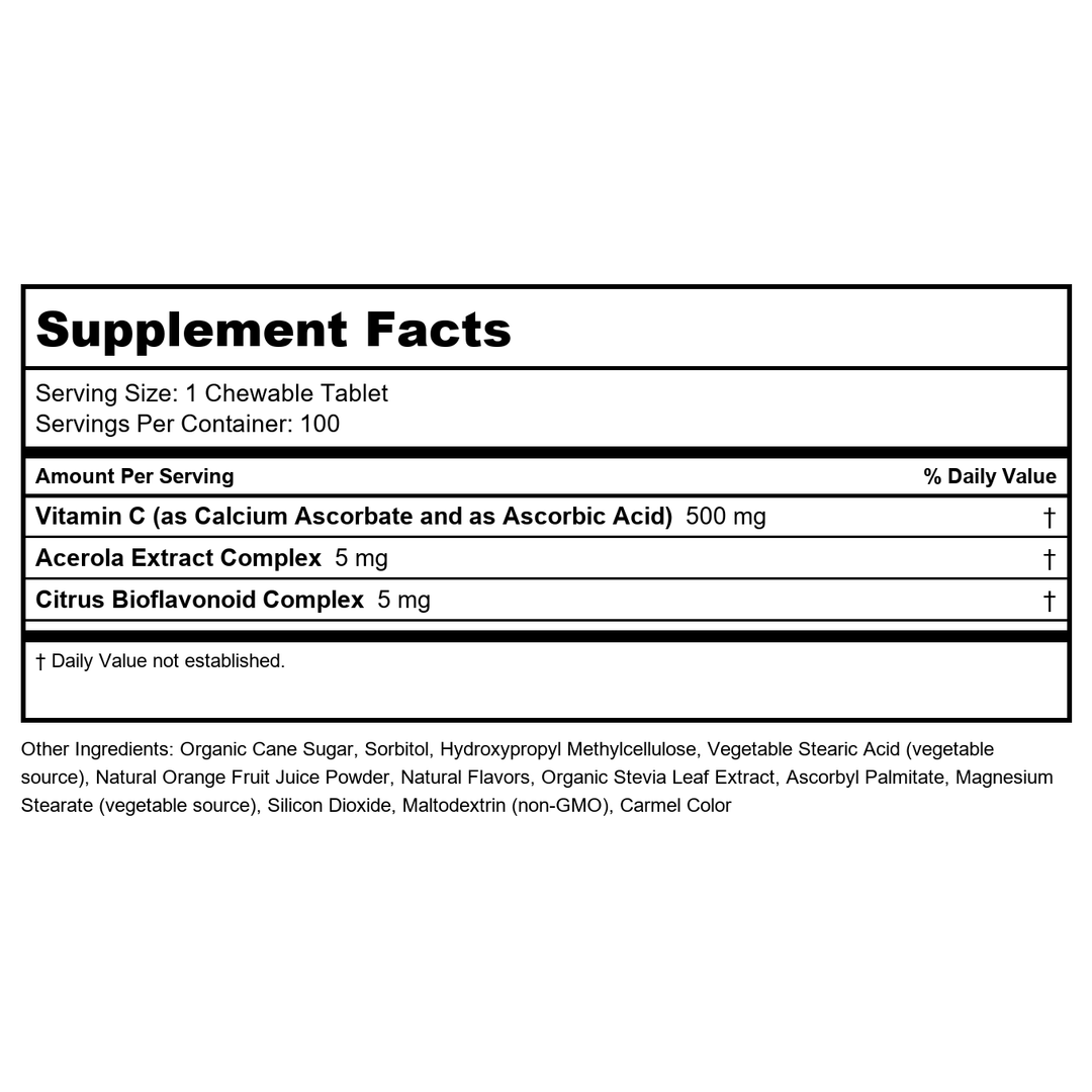 Now Foods Vitamin C-500 Orange Chewable 100 Tablets - 0630 - Supplement Facts panel