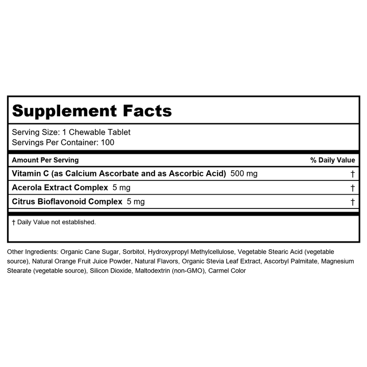 Now Foods Vitamin C-500 Orange Chewable 100 Tablets - 0630 - Supplement Facts panel