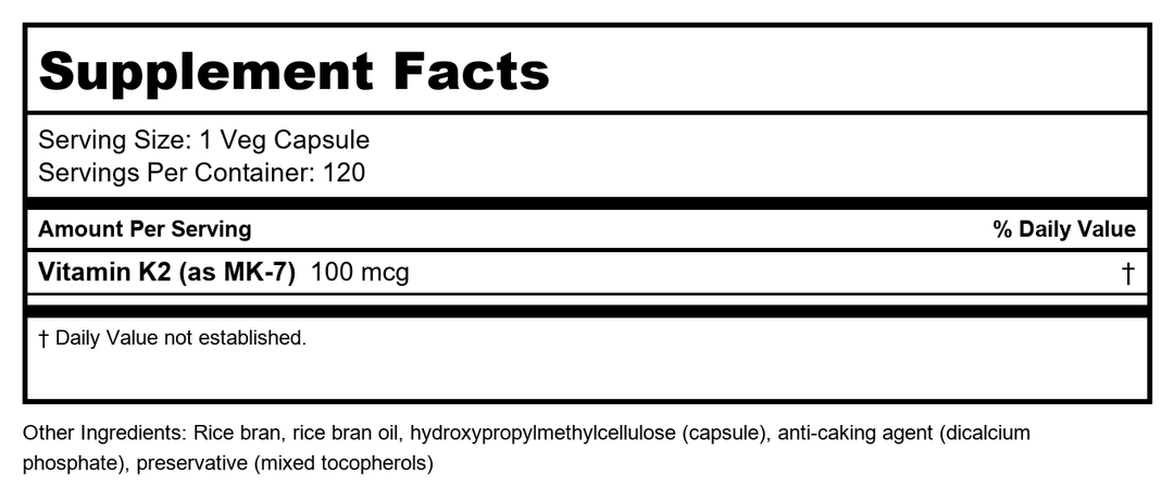 Now Foods MK-7 Vitamin K-2 100 mcg 120 Vcaps - 0993 - Supplement Facts panel