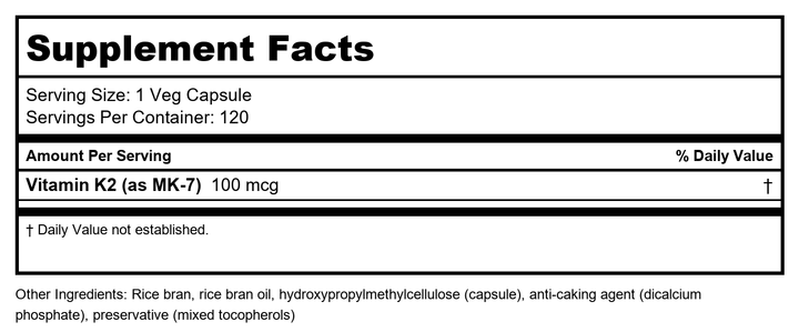 Now Foods MK-7 Vitamin K-2 100 mcg 120 Vcaps - 0993 - Supplement Facts panel