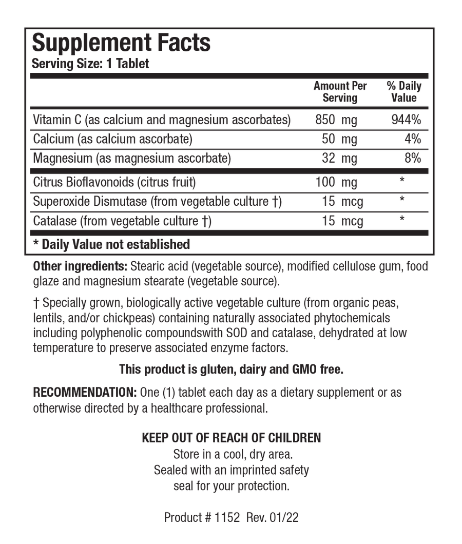 Biotics Research Bio-C Plus  1000 100 Tablets - Supplement Facts panel