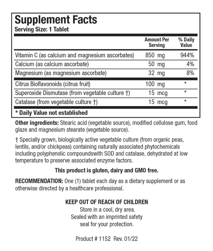 Biotics Research Bio-C Plus  1000 100 Tablets - Supplement Facts panel