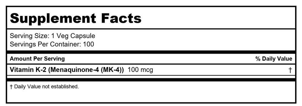 Now Foods Vitamin K-2 100 mcg 100 Vcaps - 0990 - Supplement Facts panel