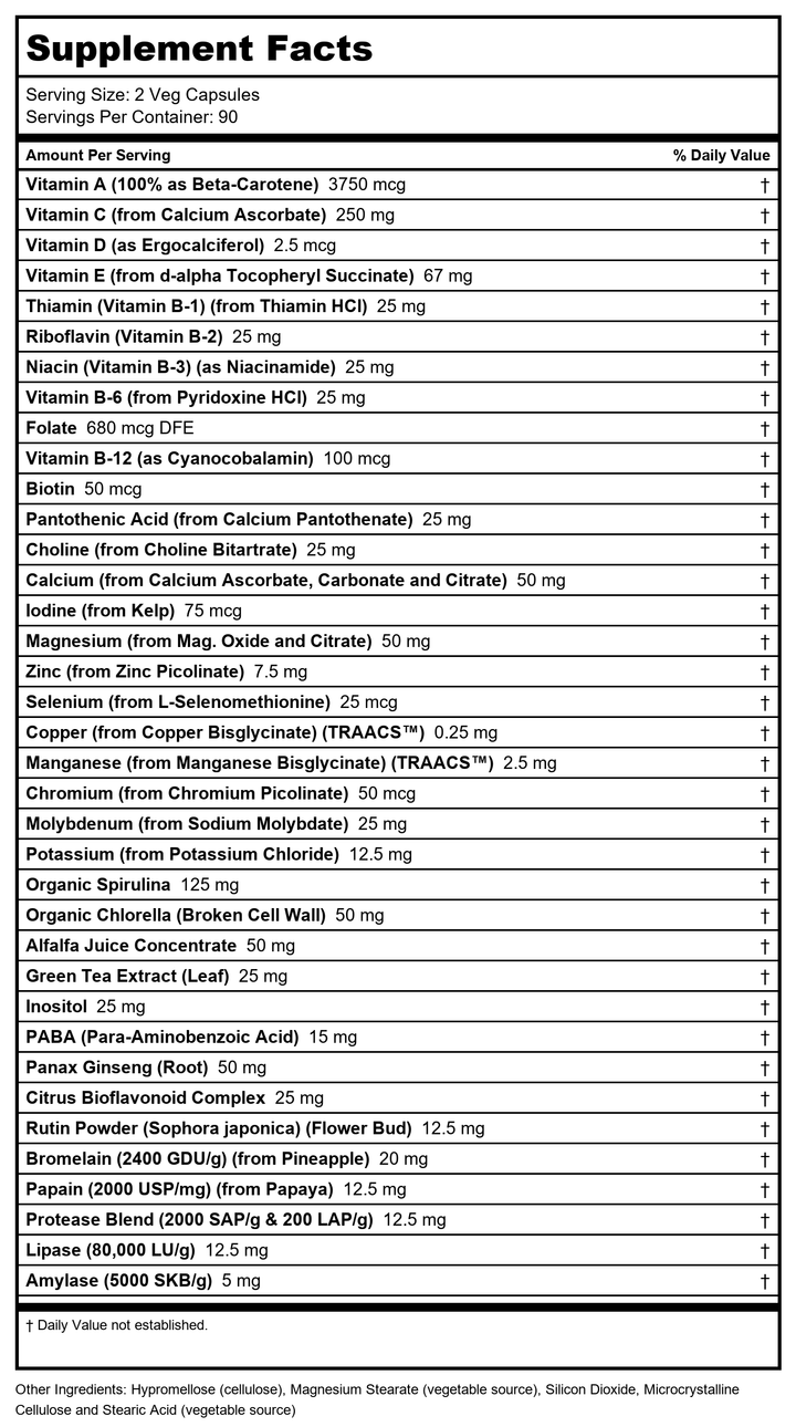 Now Foods EcoGreen Multi Vitamin 180 Vcaps - 3788 - Supplement Facts panel