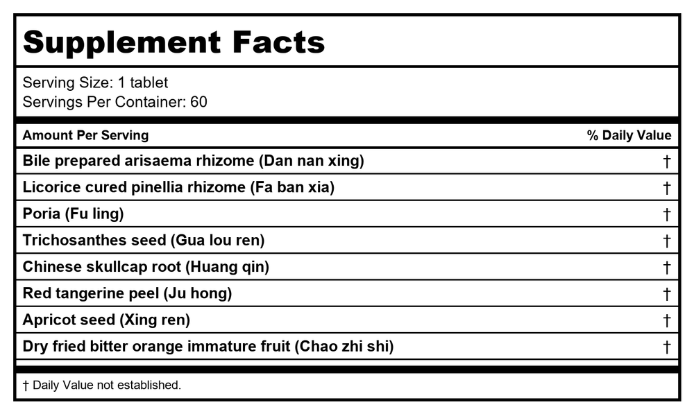 Kan Herb Traditionals Pinellia Dispersing Formula 500mg 60 Tablets - Supplement Facts panel
