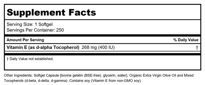 Now Foods Vitamin E-400 With Mixed Tocopherols 250 Softgels - 0894 - Supplement Facts panel